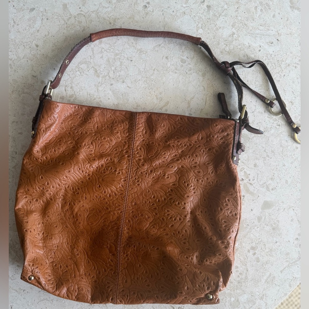Gorgeous Vintage Genuine Embossed Leather Shoulder Bag - Brown